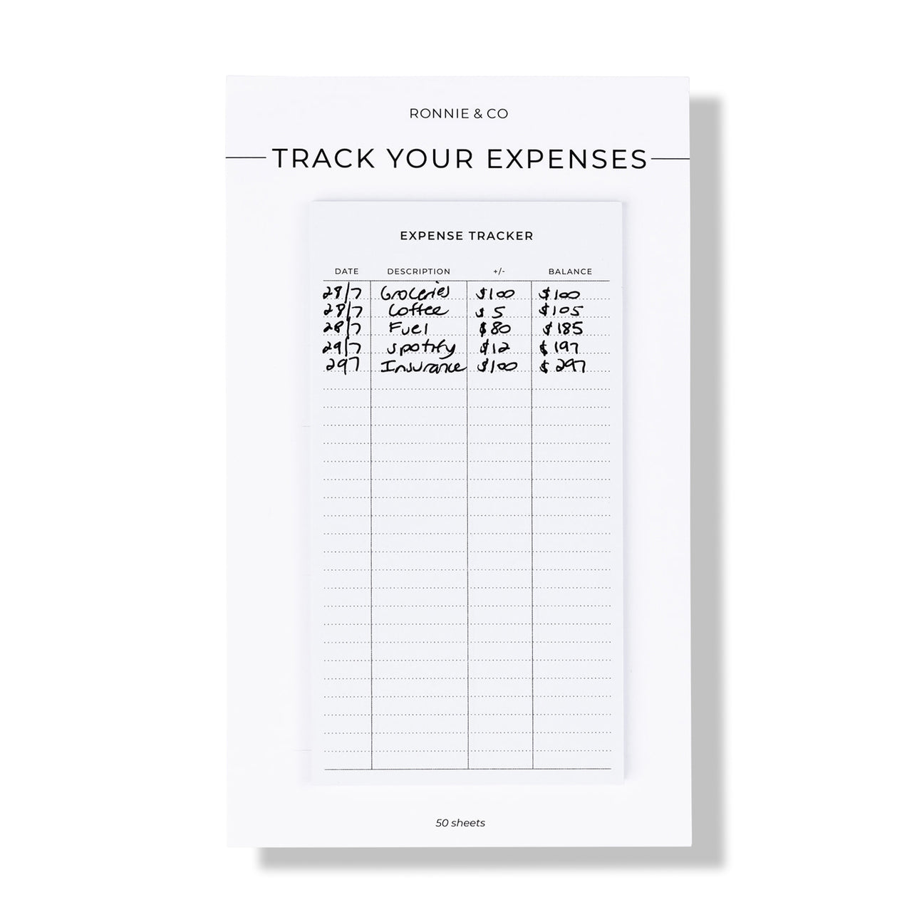 Writing on expenses sticky note pad by Ronnie & Co